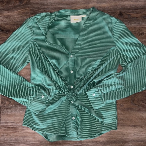 Anthropologie Maeve Green & White Striped Button Down Tie Front Blouse Women’s S - Picture 2 of 8